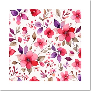 Pink Violet and Brown Floral Pattern on White Posters and Art